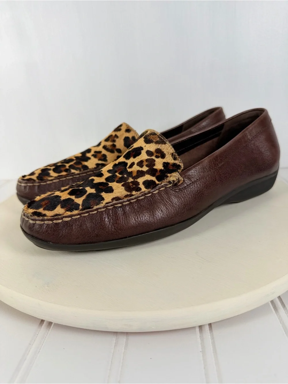 Vintage Studio C Womens Brown Leather Cheetah Calf Hair Slip-on Loafers Sz 41/10